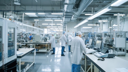 A high-tech cleanroom facility with technicians in lab coats working on precision manufacturing or research in a controlled environment. photo