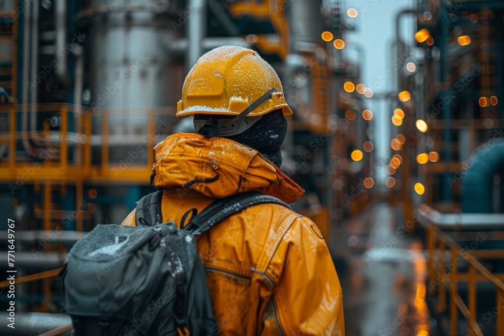 A worker in protective gear stands contemplative amidst the complex industrial machinery, surrounded by shimmering lights and steel structures