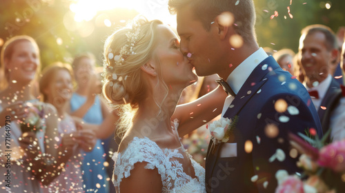 A bride and groom kiss amidst a festive celebration with confetti and guests cheering around them.