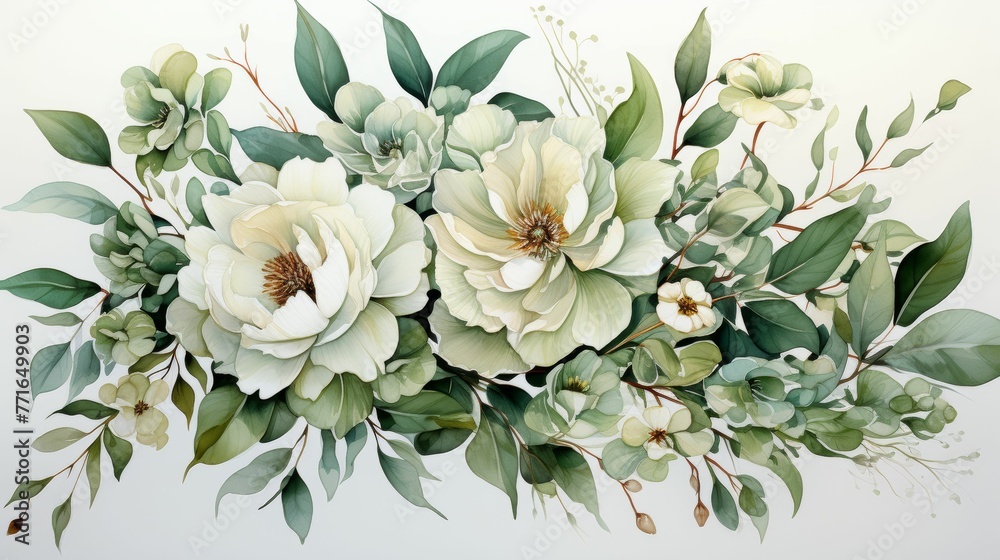 A painting of a bouquet of flowers with green leaves