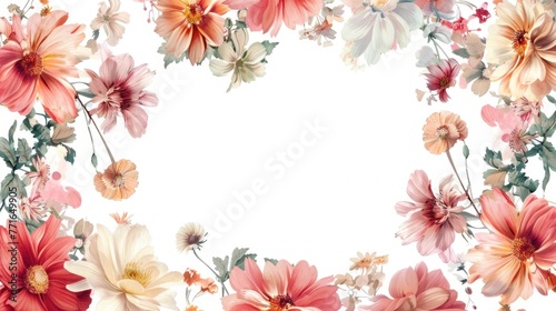 Multicolored floral frame of various flowers on a white background with space for text, wedding invitation, greeting card