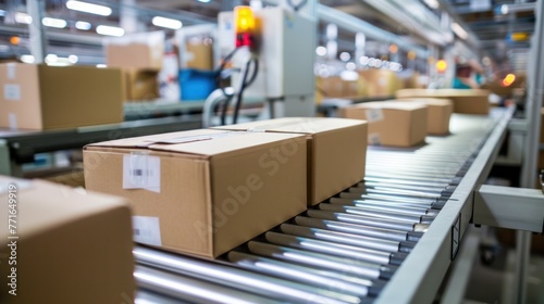 Boxes on a conveyor belt in a modern warehouse, depicting logistics, distribution, and package handling in a factory setting.