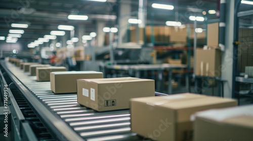 Packages on a conveyor belt in a modern distribution warehouse, conveying goods for shipping or sorting operations.