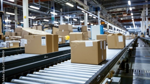 Conveyor belt in a warehouse transporting cardboard boxes, symbolizing logistics, distribution, and industrial automation.