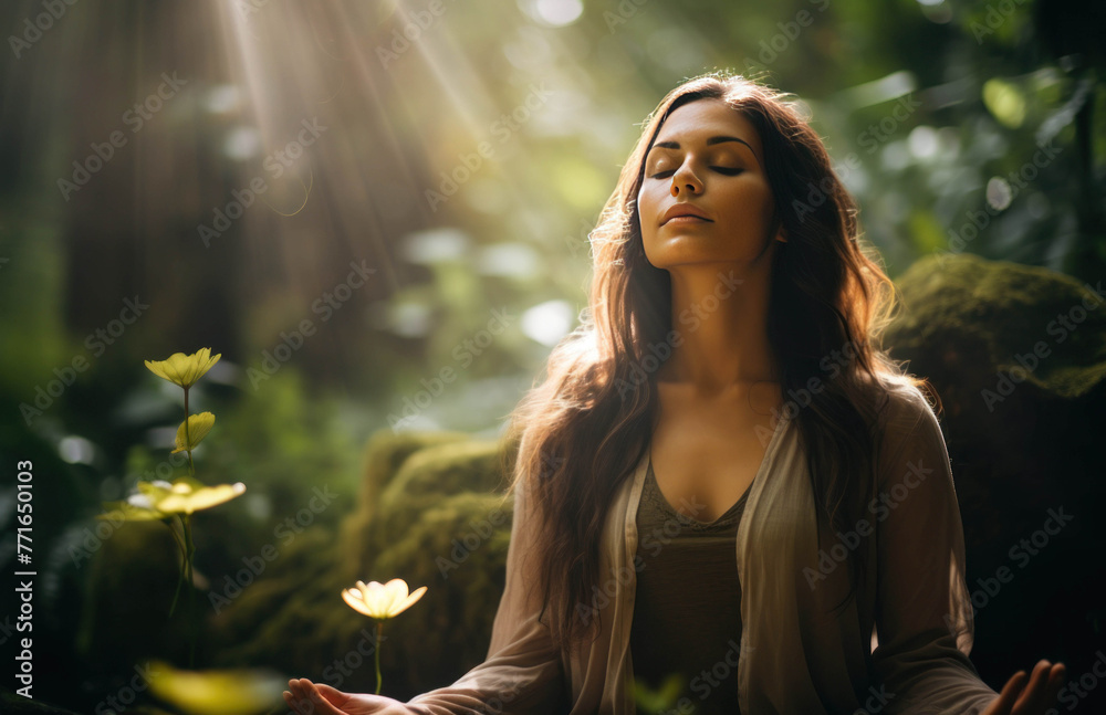 Meditation nature, women practicing yoga calm the brain through breathing exercises and mindfulness concept Meditation nature, women practicing yoga calm the brain through breathing exercises and mindfulness concept