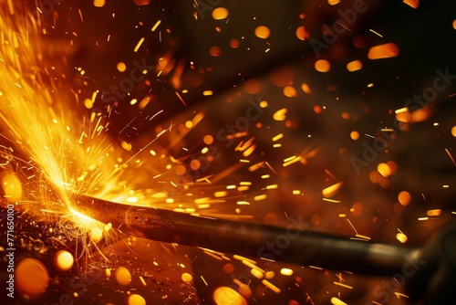 A detailed view of a piece of metal being hammered, emitting fiery sparks in a blacksmiths forge