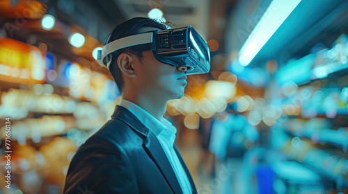 Man using virtual reality headset in smart city, VR future the concept of AI modern communication and technology
