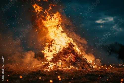 A large bonfire blazes against the dark night sky, illuminating the surrounding area with intense flames
