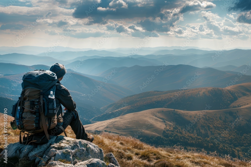 A backpacker sits on a mountain summit, taking a break and gazing at panoramic views from a ridge