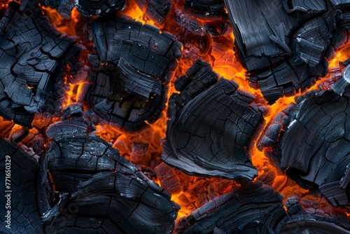 Detailed macro view of a pile of coal, showcasing the textured surface and charred wood remnants in a fire pit