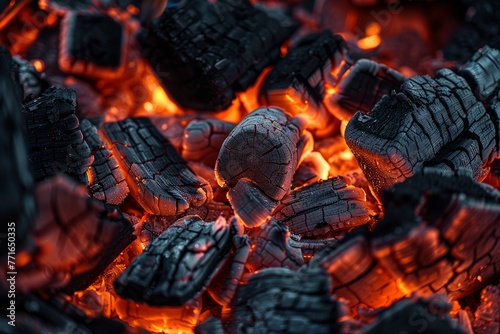 Detailed view of a pile of coal showcasing dark, textured chunks with hints of ember glow