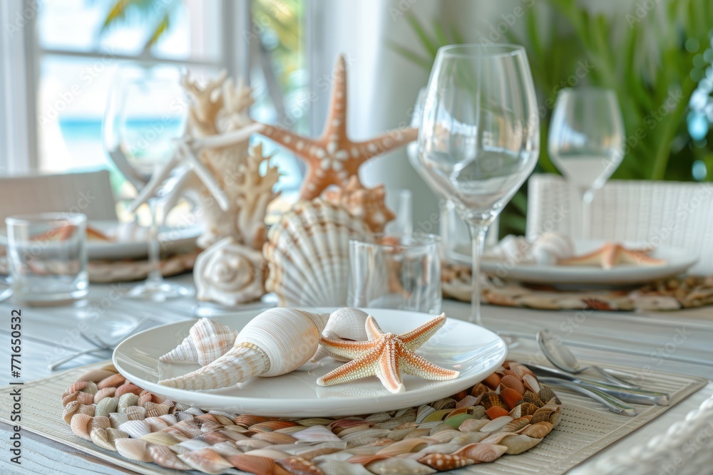 Summer beach-themed table setting featuring seashells, starfish, coral accents, and wine glasses