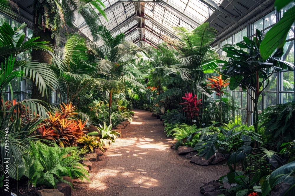 A wide-angle view of a botanical garden greenhouse showcasing a variety of tropical plants along a walkway