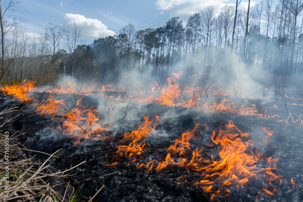A wide-angle view of a field engulfed in flames from a controlled burn conducted by Wryc to manage vegetation