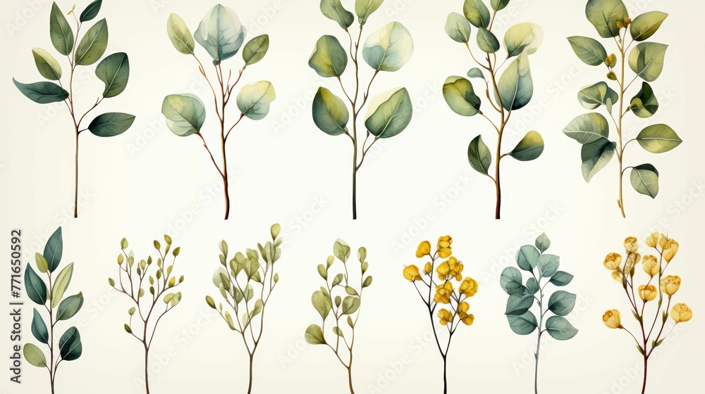 A collection of watercolor trees with varying shades of green and yellow