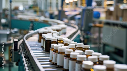 Pharmaceutical production line with medicine bottles on conveyor belt in a factory. Quality control in drug manufacturing process.