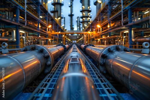 Steel pipes run along the corridor of an industrial plant showing linear perspective and engineering design photo