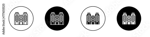 Amsterdam icon set. holland city house building vector symbol. dutch skyline sign. europe london buildings icon set in black filled and outlined style.