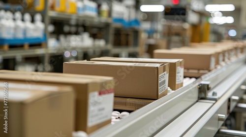 Boxes on a conveyor belt in a distribution center, ready for shipping, logistics industry. © kittikunfoto