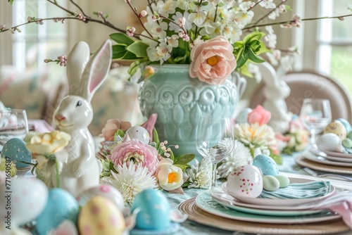 Table set with vase filled with flowers and bunny figurines, ideal for Easter celebrations