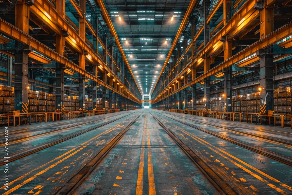 The image captures the vast, organized space within a large warehouse, highlighting its symmetrical structure The image captures the vast, organized space within a large warehouse, highlighting its symmetrical structure