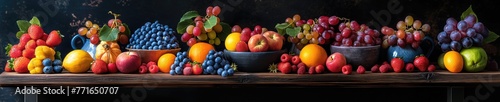 The banner image features a wooden table topped with various bowls and vases filled with different fruits and berries