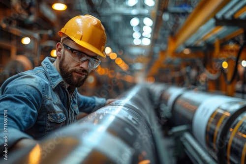 Two workers in high visibility jackets inspecting an oil refinery plant walkway