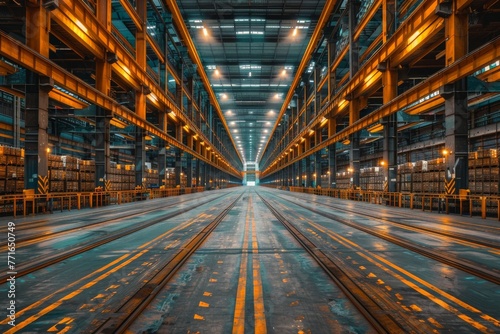 The image captures the vast, organized space within a large warehouse, highlighting its symmetrical structure