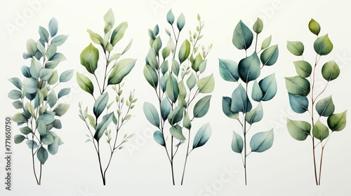 A series of green leaves are shown in various sizes and positions