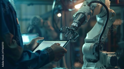 Industrial machinery mechanics hands programming a robotic arm with a tablet metal parts moving smoothly