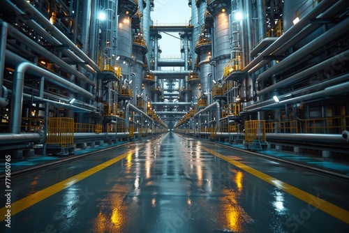 This image depicts a sleek, clean industrial corridor with pipes and valves in a modern facility