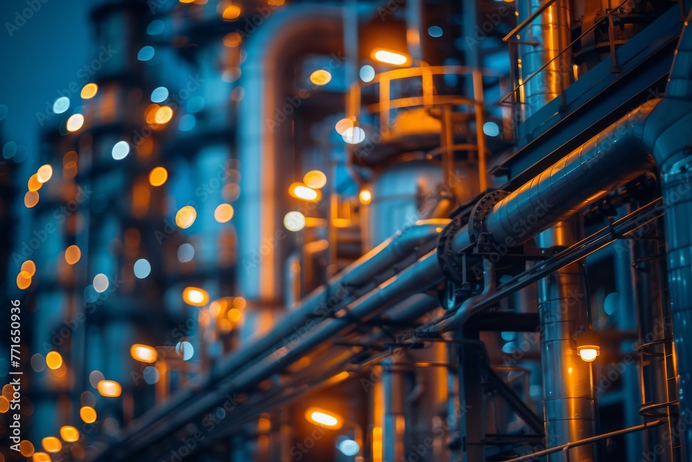 A close-up shot showcases the glowing lights and intricate details of pipes and steel structures in an industrial plant at night