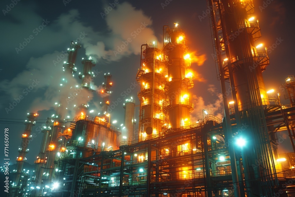 A captivating image capturing an oil refinery's complexity and scale, brightly illuminated against the night sky