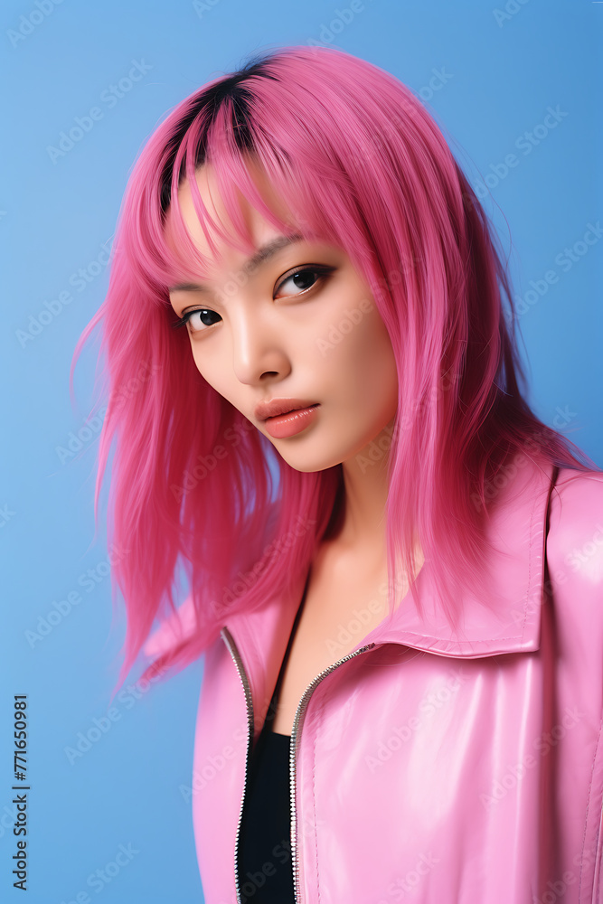 Portrait of a beautiful asian woman with pink hair on blue background Portrait of a beautiful asian woman with pink hair on blue background