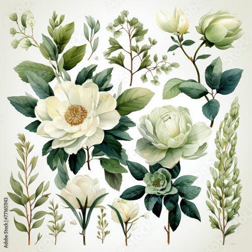 A collection of white flowers and green leaves
