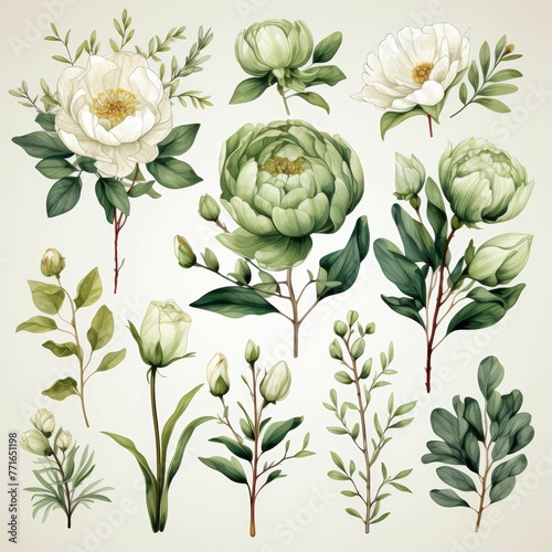 A set of watercolor flowers and leaves, including a white flower, a green flower