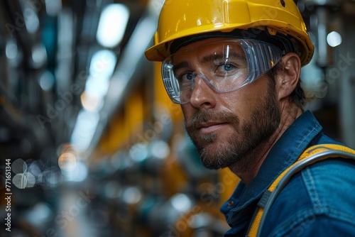 Confident male engineer with safety goggles and helmet inside a manufacturing plant