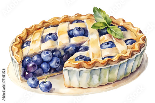 Blueberry Pie Watercolor Dessert Homemade Baked Sweet Pastry Delicious Fruit Garnish