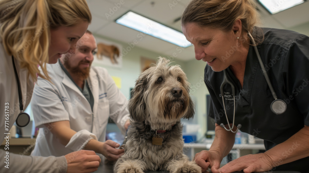 A golden retriever with a collar grins, surrounded by laughing veterinary professionals in scrubs. A golden retriever with a collar grins, surrounded by laughing veterinary professionals in scrubs.
