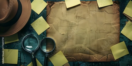 Oldfashioned detective board with sticky notes creating a mysterious and intriguing atmosphere in a detective agency. Concept Detective Board, Sticky Notes, Mysterious Atmosphere, Detective Agency
