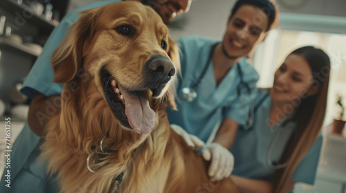 A golden retriever with a collar grins, surrounded by laughing veterinary professionals in scrubs. © HelenP