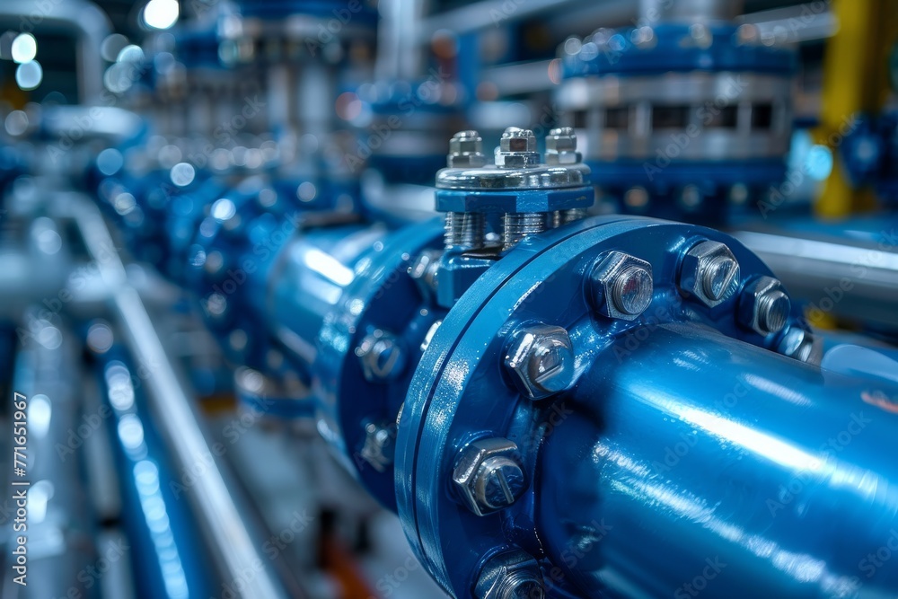 Fototapeta premium Detailed view of blue pipelines with bolts and nuts in an industrial environment, showcasing complexity and engineering