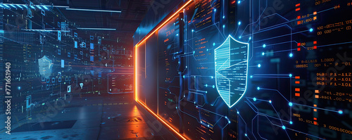 Wallpaper Mural Digital antivirus protection, 3D-rendered firewall in a cyber landscape, dedicated space for text Torontodigital.ca