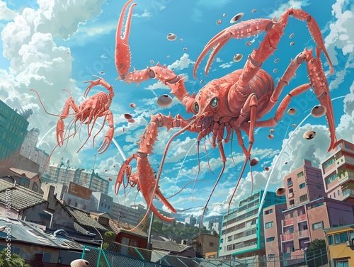 Giant seafood playing tennis in a surreal cityscape shrimps with rackets clams as audience