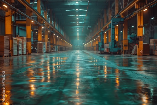 A visually striking image of a factory aisle, reflecting the ambient lighting on a glossy floor, conveying industrial grandeur