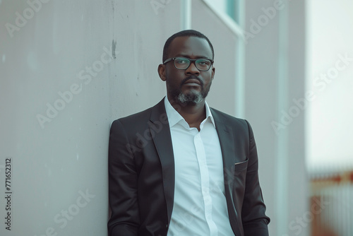 Black man in suit leaning against wall, success, looking, business, portrait photo