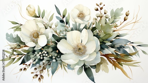 A painting of a bouquet of white flowers with green leaves