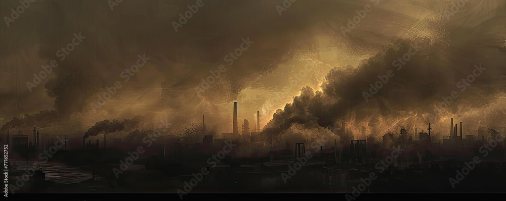 Obraz premium Blackened economy under coal smoke, gas haze enveloping, twilight canvas for text
