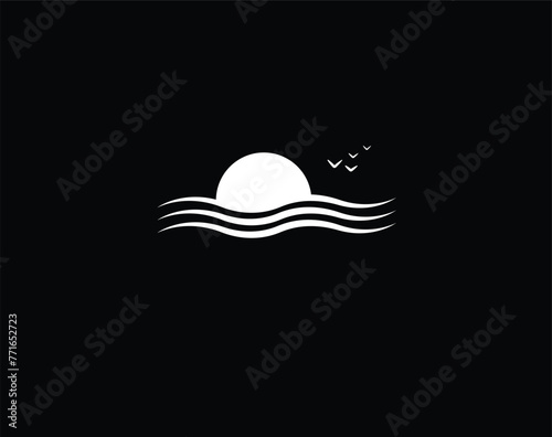 Sunset sea logo. white sun and sea. Minimal logo on dark black background. Birds silhouette in front of rising sun. Holiday, travel summer concept.