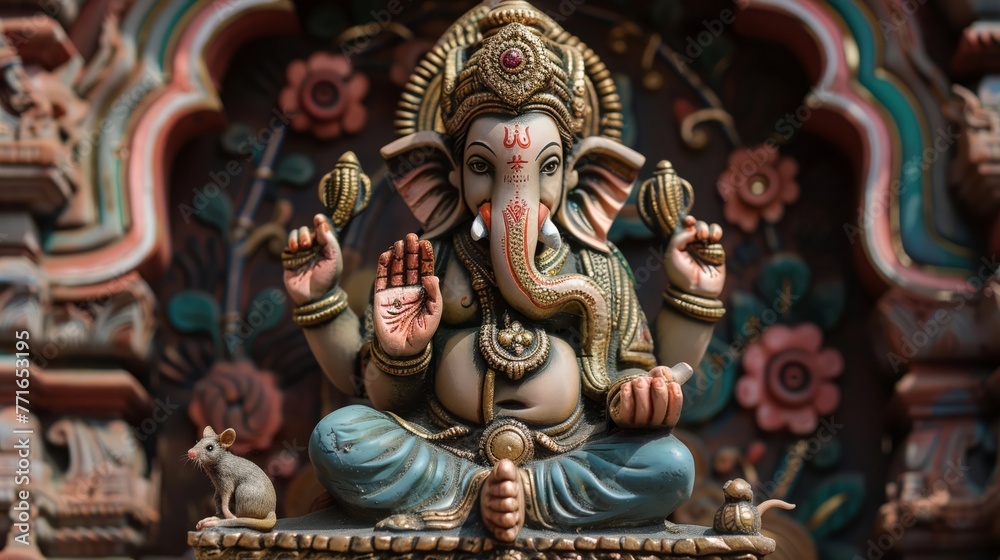 Ganesha seated with a modak in hand removing obstacles with his wisdom and intellect a mouse at his feet - obrazy, fototapety, plakaty 